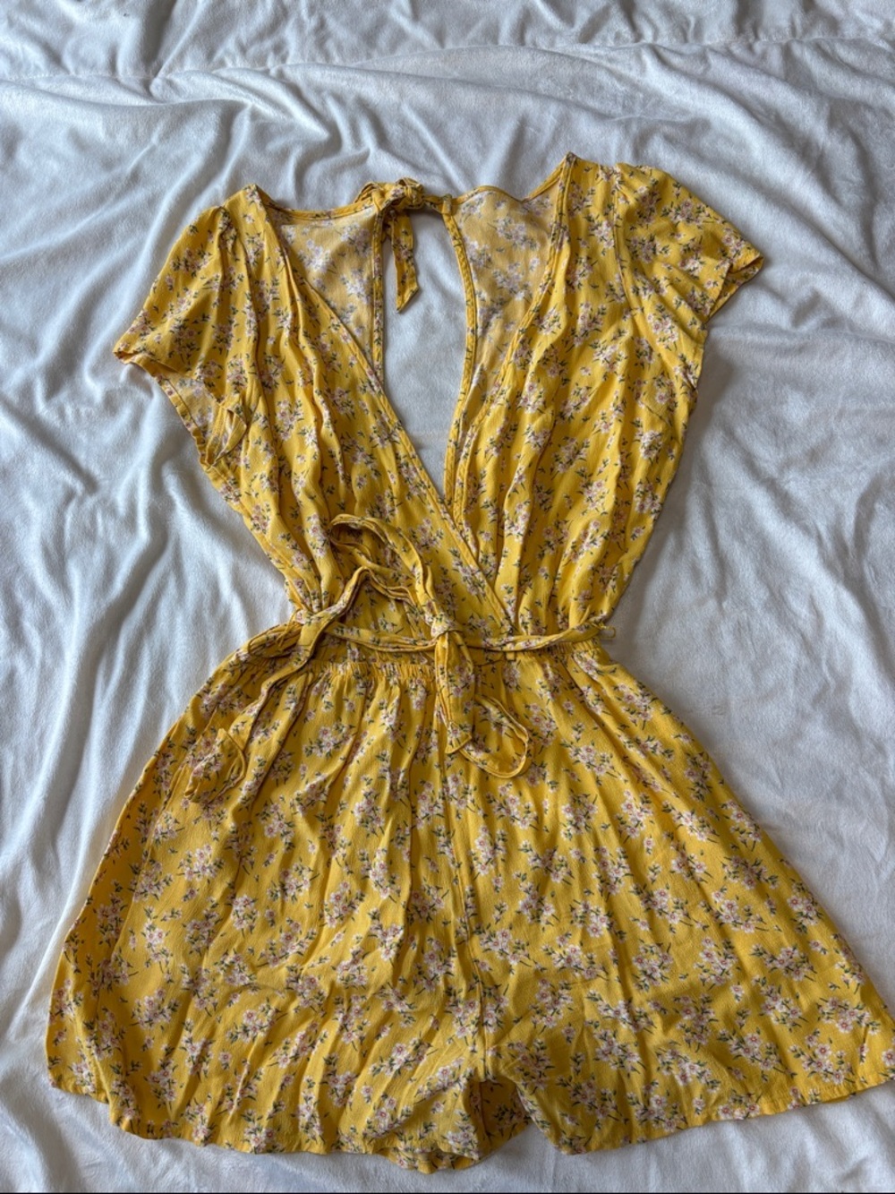 American Eagle Yellow Floral Tie-Waist Short Romper